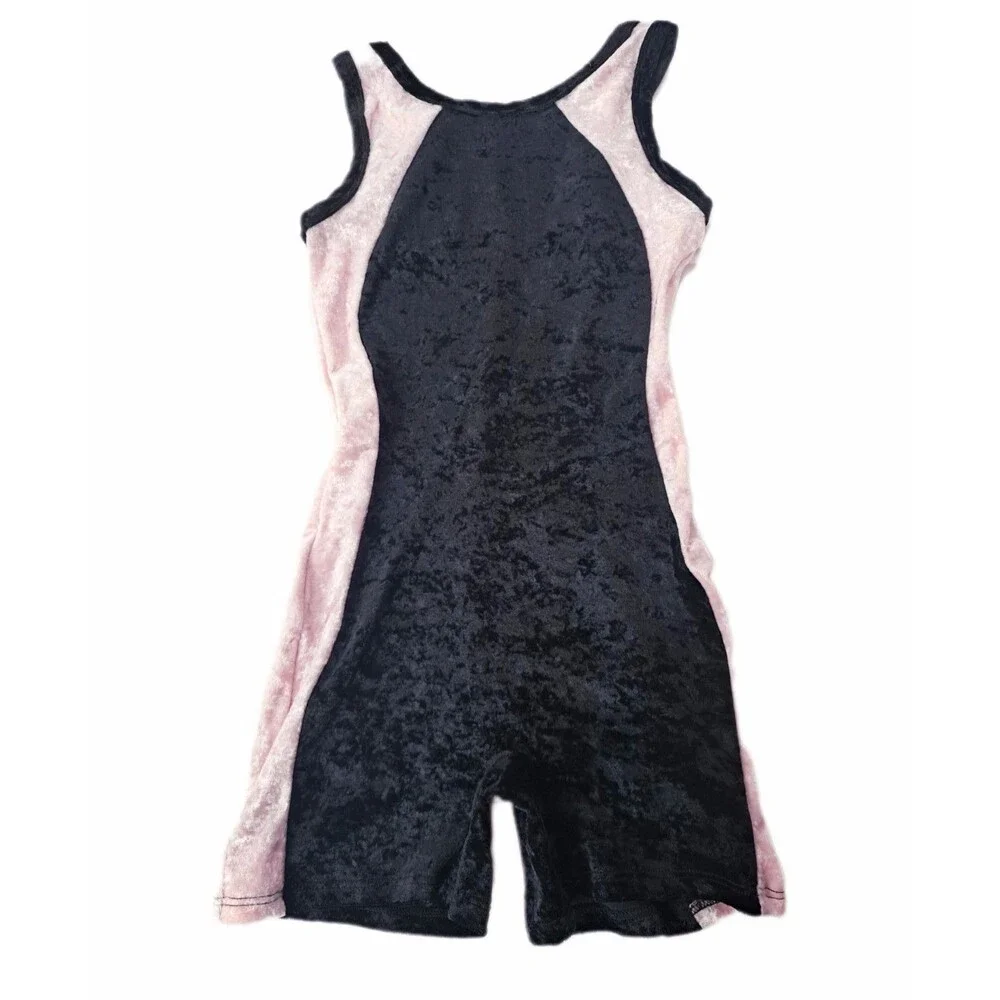 Gilda Marx VTG Black Pink Velvet Biketard Unitard Singlet Girls Size 12/14